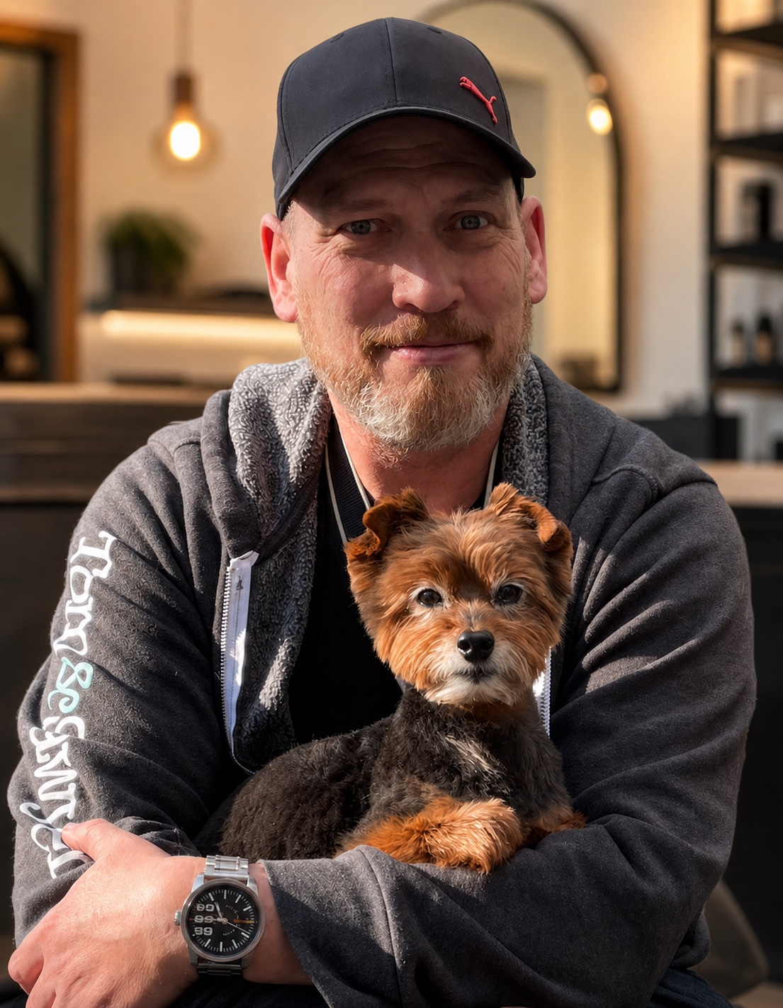 Jim Ellis, founder of Lift Hair Studio, holding Sawyer