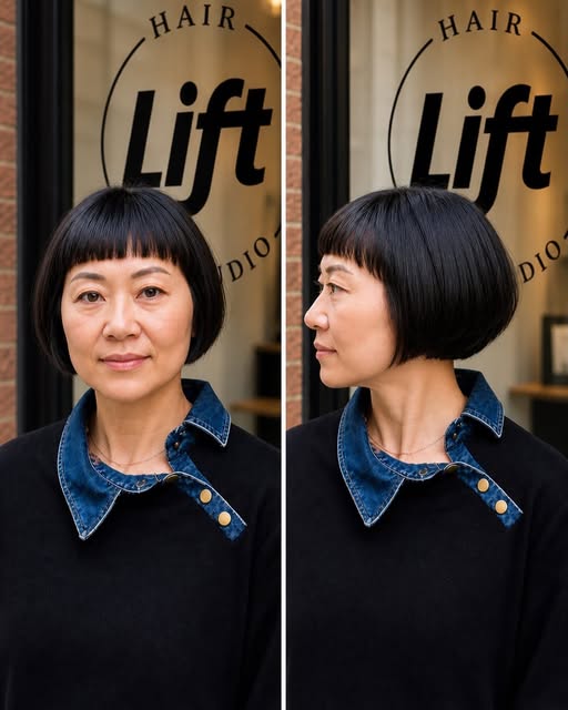 Front and profile views of a precise dark bob haircut