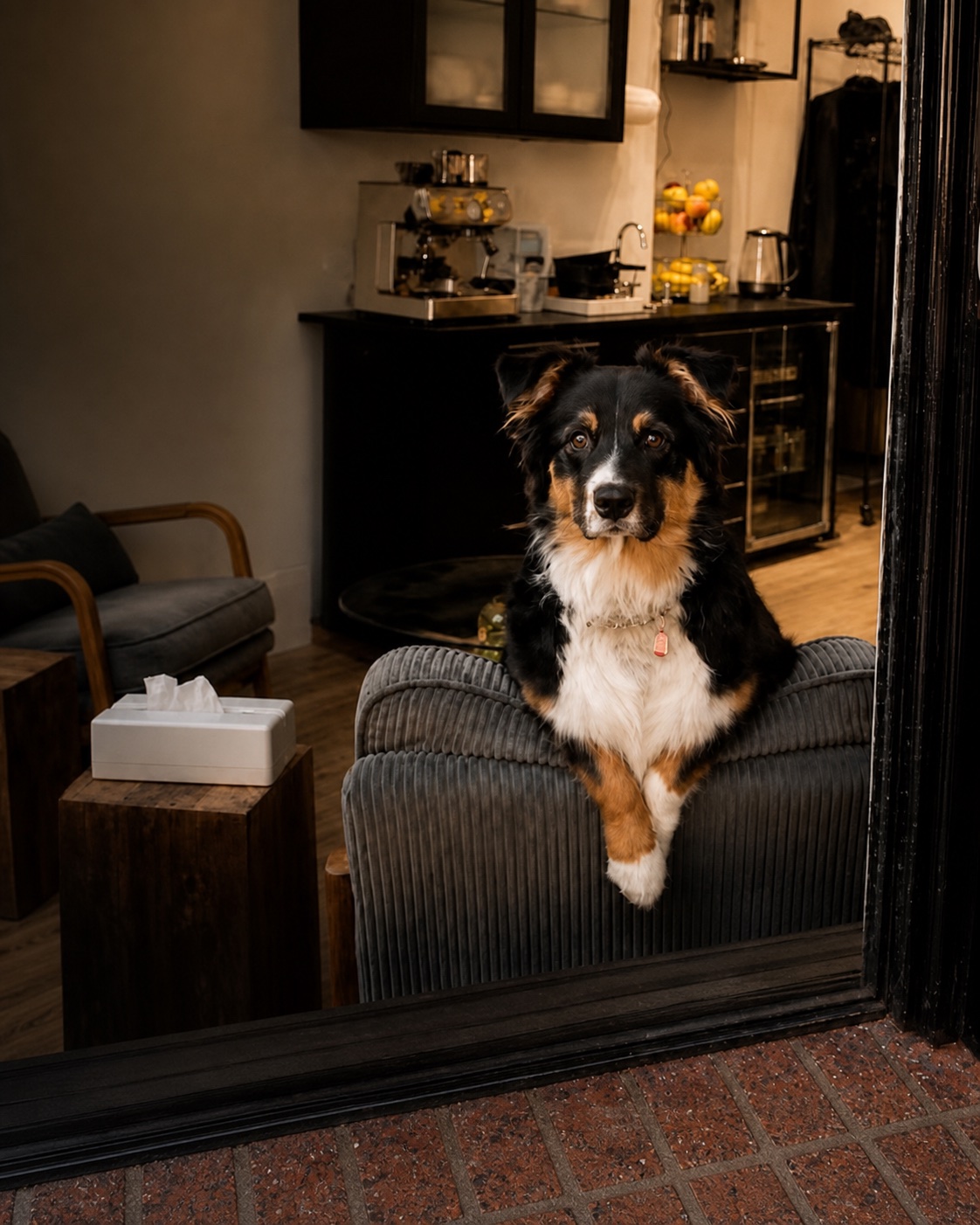 Spartacus, Jim’s Australian Shepherd, greeting guests through the Lift Hair Studio front window